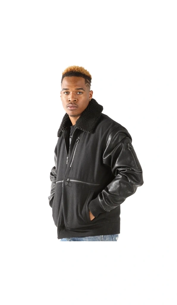 Pelle Pelle Men Fur Collar Black Jacket | Leather & Wool