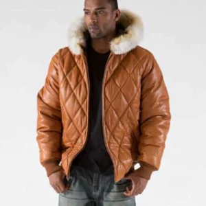 Pelle Pelle Brown Men Quilted Leather Jacket | Fur Hood