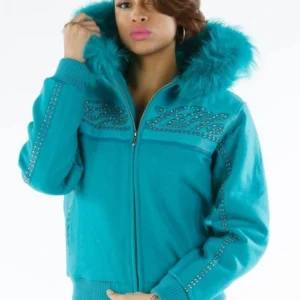 Pelle Pelle Women Cyan Fur Hood Wool Jacket view 2