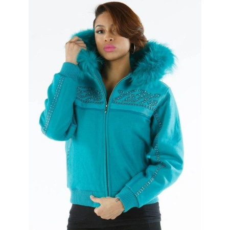 Pelle Pelle Women Cyan Fur Hood Wool Jacket