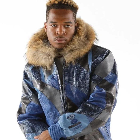Pelle Pelle Blue Fur Hood Leather Jacket | Abstract Pattern