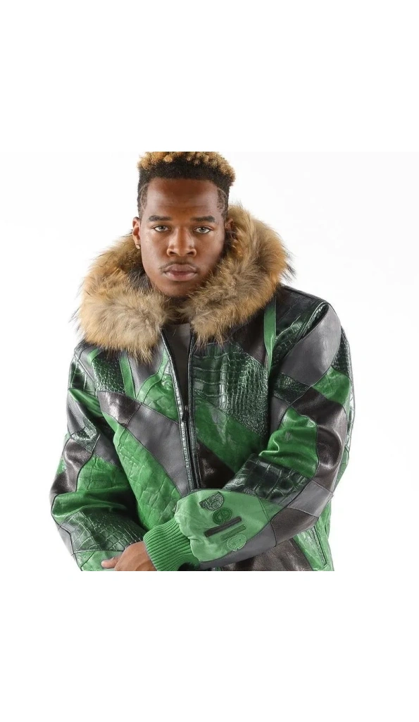 Pelle Pelle Green Fur Hood Leather Jacket | Abstract Pattern