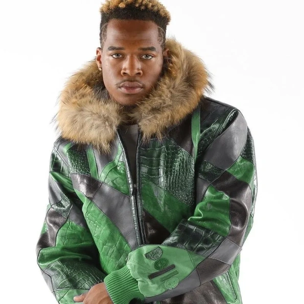 Pelle Pelle Green Fur Hood Leather Jacket Abstract Pattern Pelle Pelle