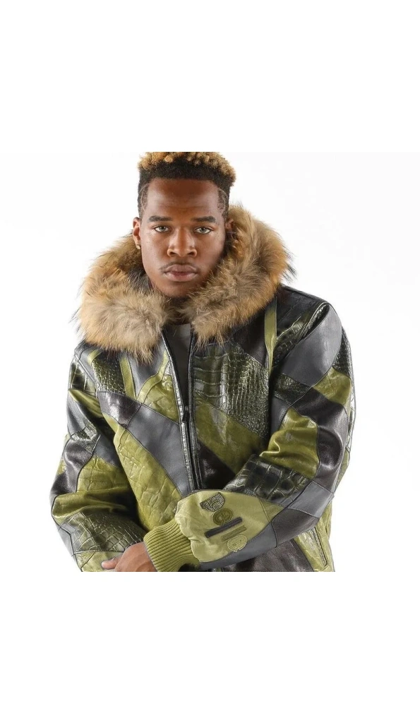 Pelle Pelle Olive Fur Hood Leather Jacket | Abstract Pattern