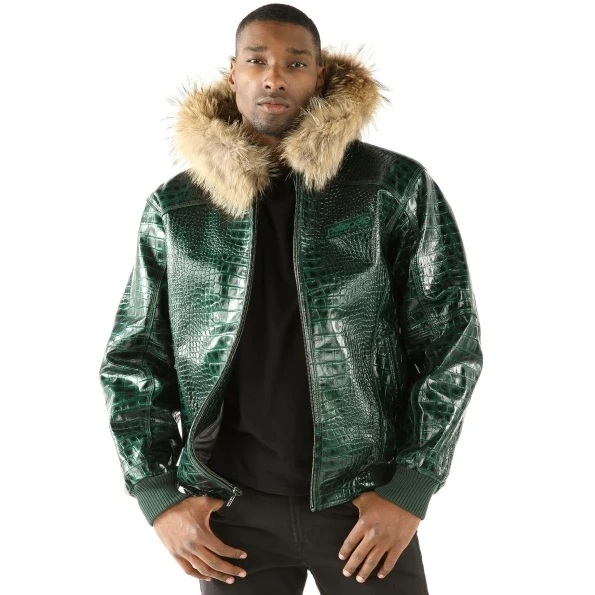Pelle Pelle Green Crocodile Leather Jacket | Fur Hood Jacket