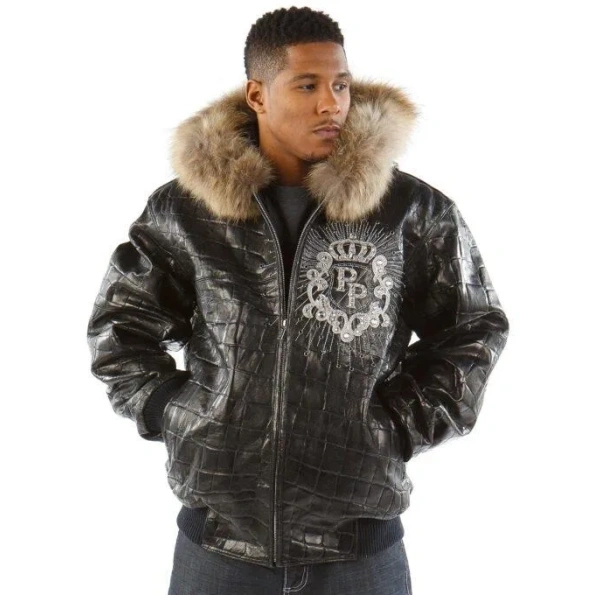 Mens black jacket with fur collar best sale