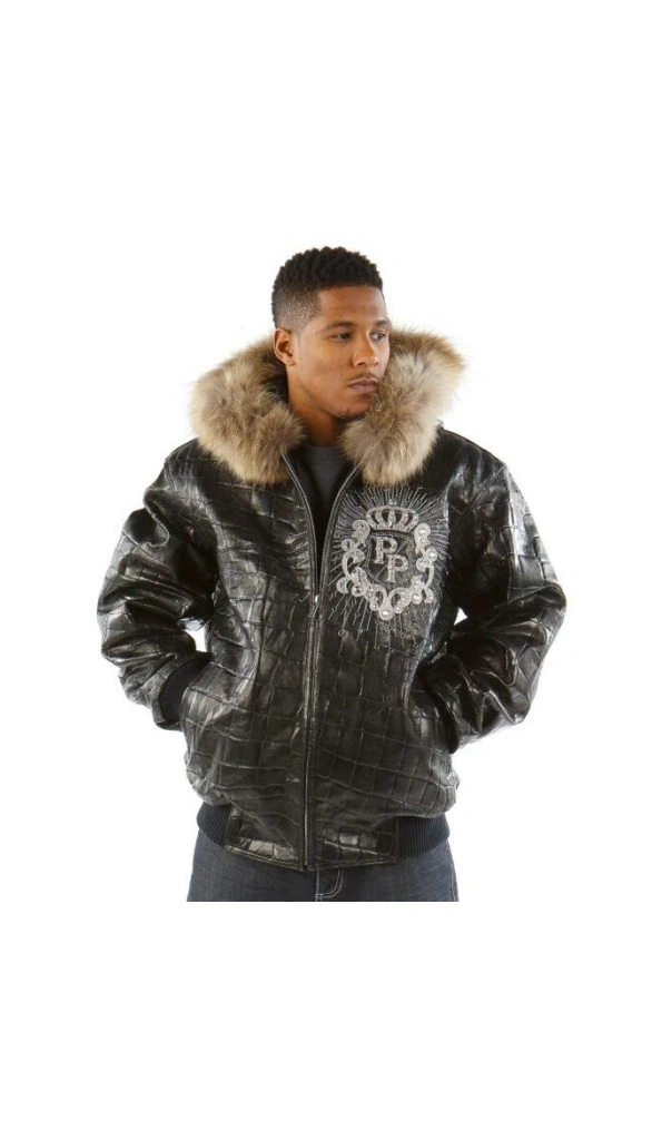 Pelle Pelle Men Crest Black Leather Jacket | Fur Hood Jacket