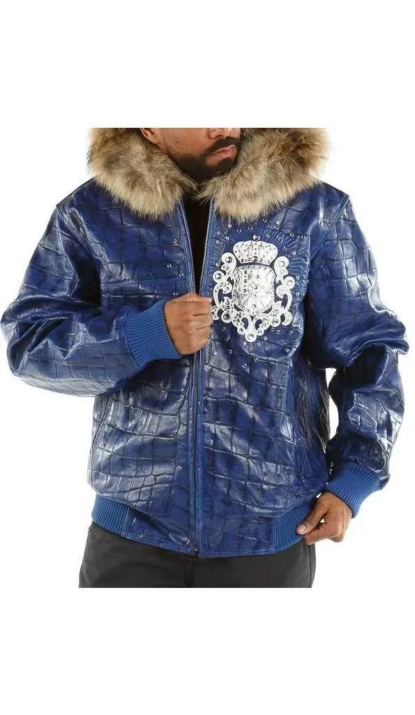 Pelle Pelle Dark Blue Crest Fur Hood Jacket | Leather Jacket