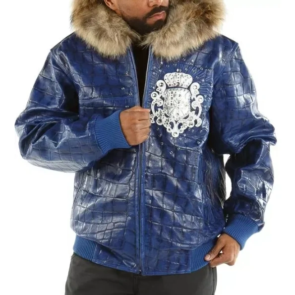 Pelle Pelle Dark Blue Crest Fur Hood Jacket