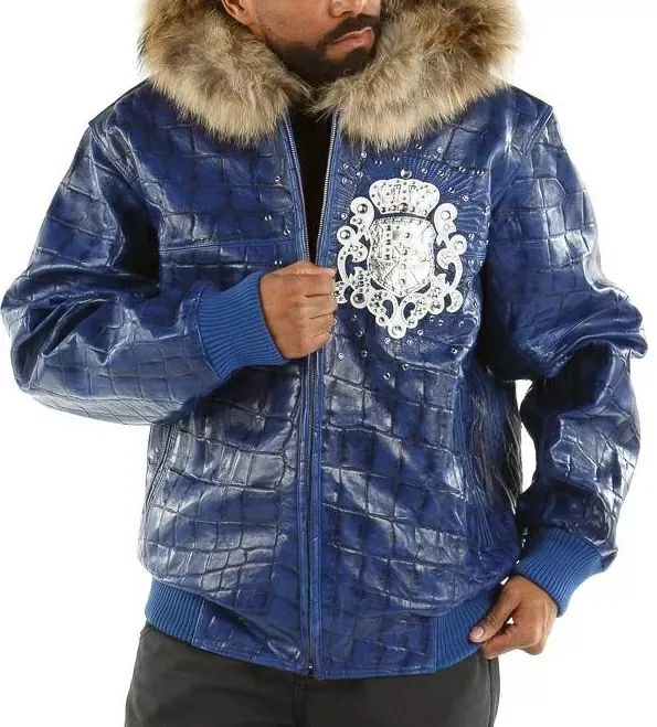 Pelle Pelle Dark Blue Crest Fur Hood Jacket | Leather Jacket