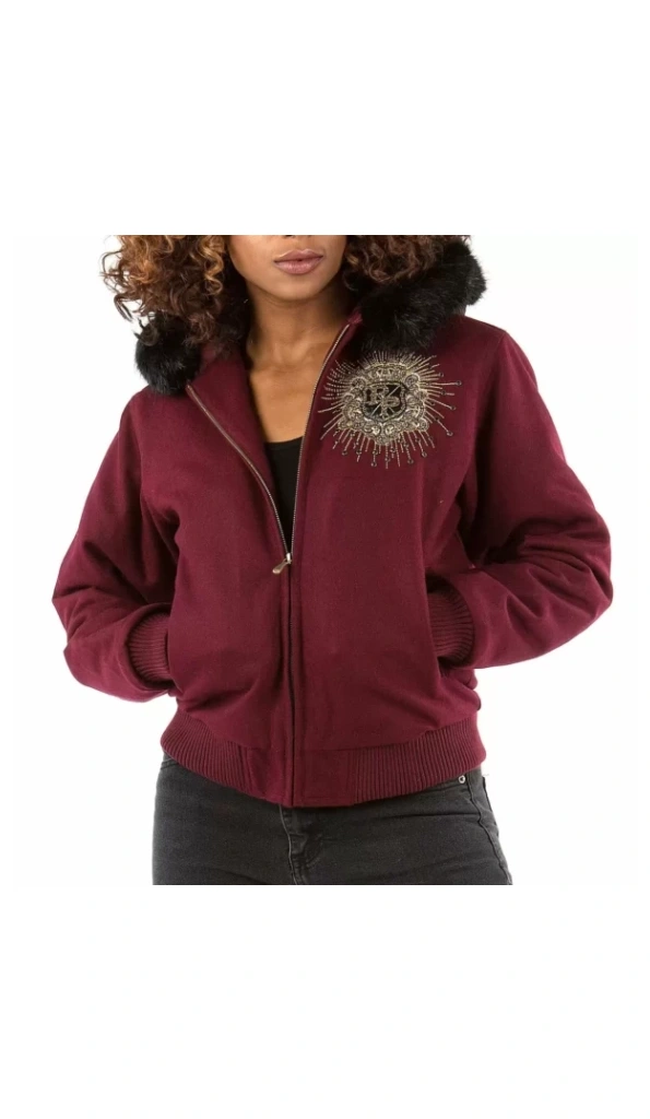 Pelle Pelle Women Maroon Wool Crest Jacket | Fur Hood Jacket