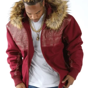Pelle Pelle Men Red Wool Fur Hood Jacket | Studs Jacket view 2