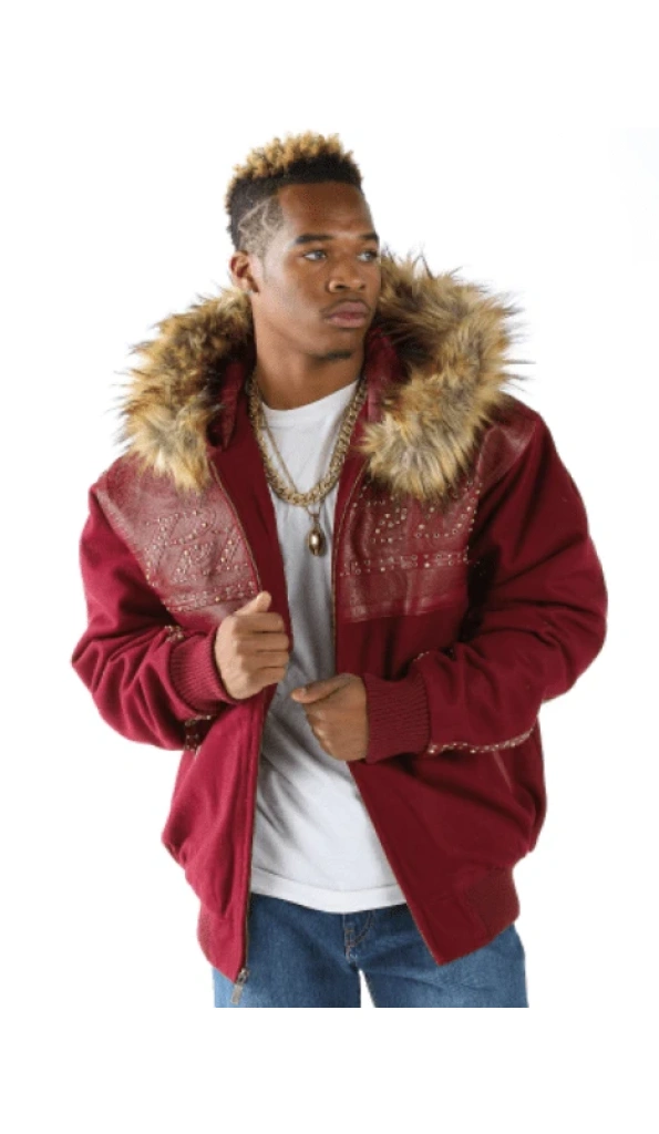 Pelle Pelle Men Red Wool Fur Hood Jacket | Studs Jacket