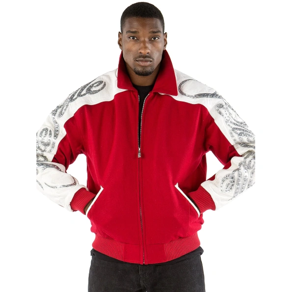 Pelle Pelle Men Scripted Red Wool Jacket | Zipper Jacket view 1
