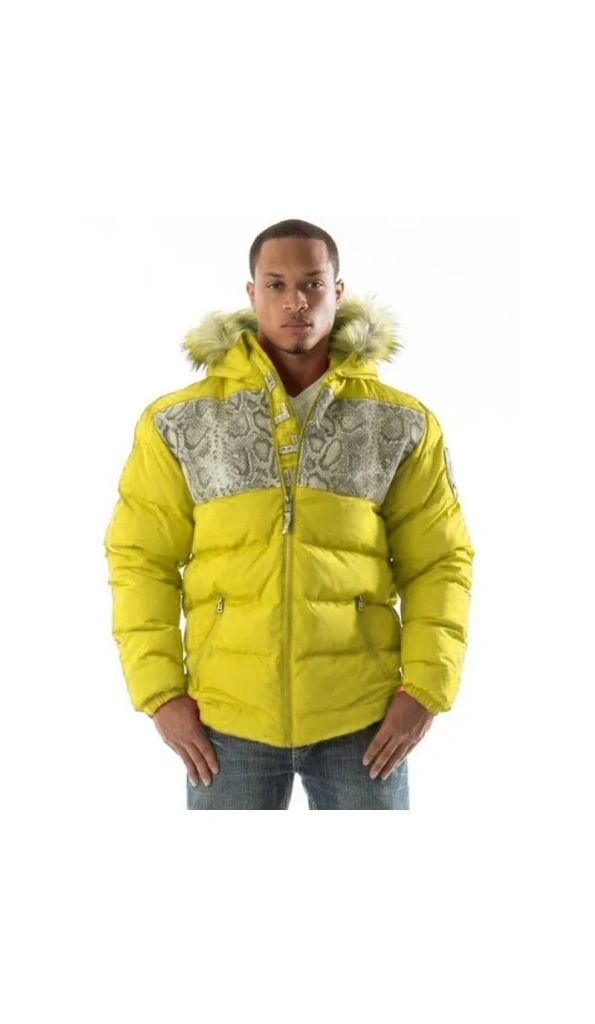 Pelle Pelle Yellow Puffer Fur Hood Jacket Snakeskin Jacket Pelle Pelle