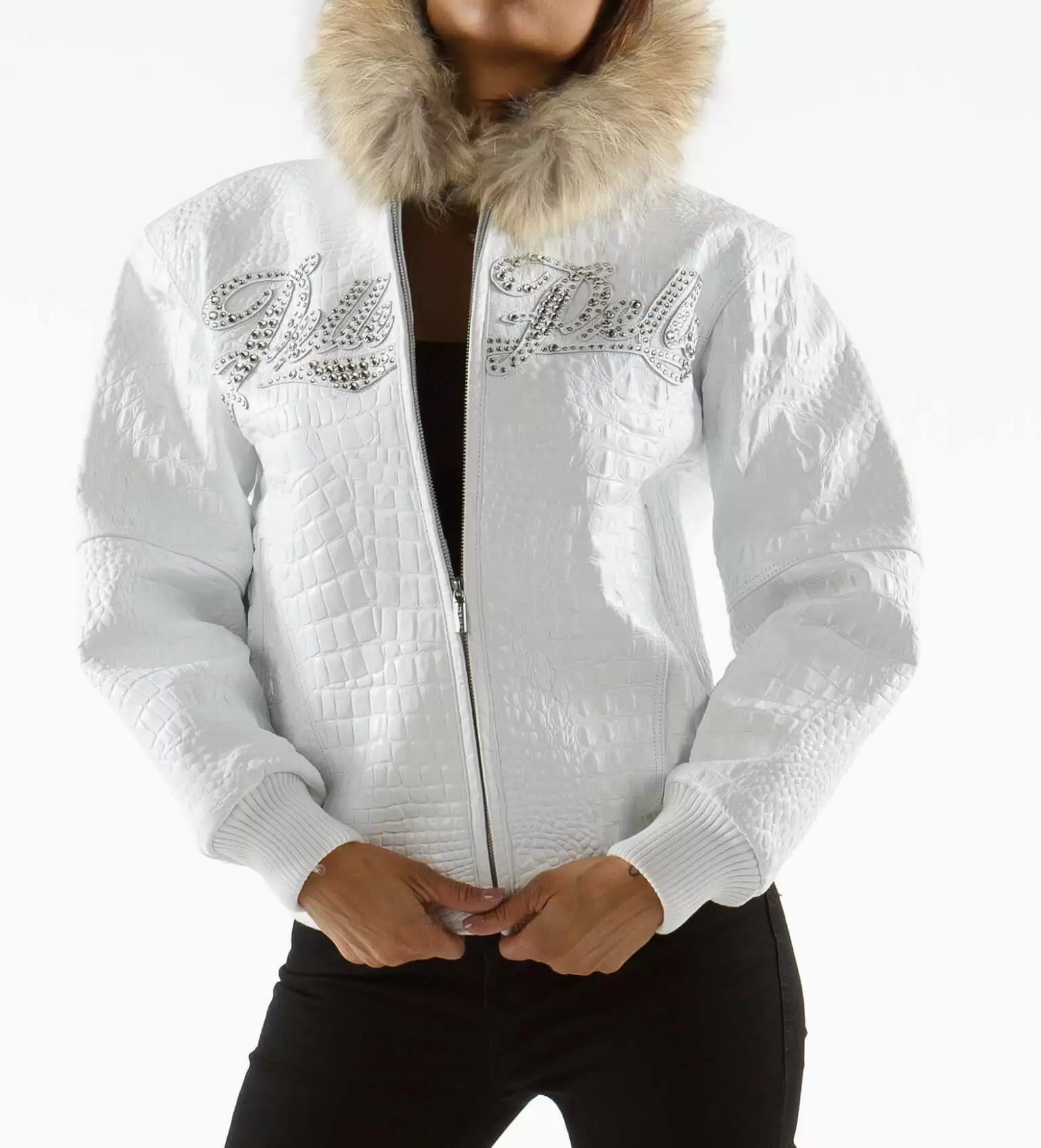 Pelle Pelle White Encrusted Script Leather Hood Jacket