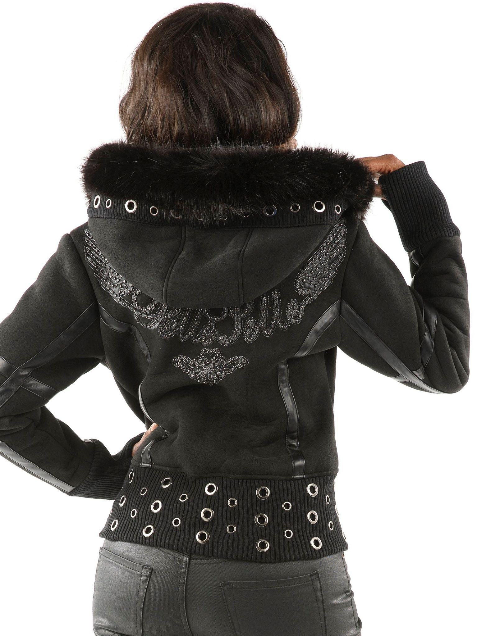 Pelle Pelle Women Fur Hood Wool Jacket | Black Jacket view 2