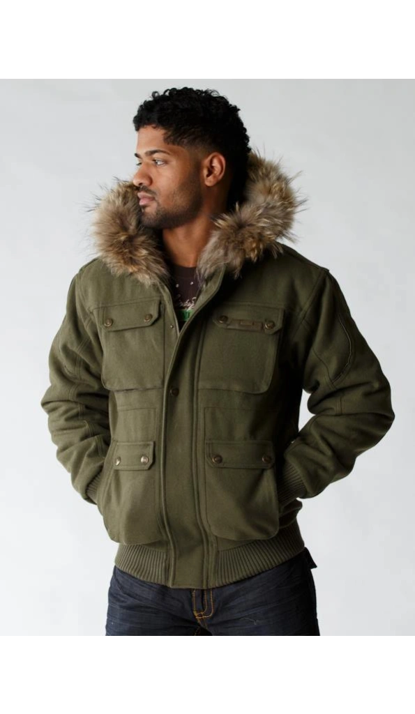 Pelle Pelle Men Green Fur Hood Jacket | Wool Jacket
