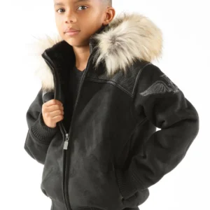 Pelle Pelle Black Kids Fur Hood Jacket | Wool Jacket