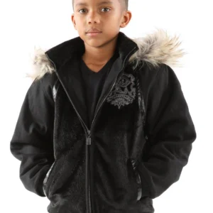 Pelle Pelle Kids Black Patched Wool Jacket | Fur Hood Jacket