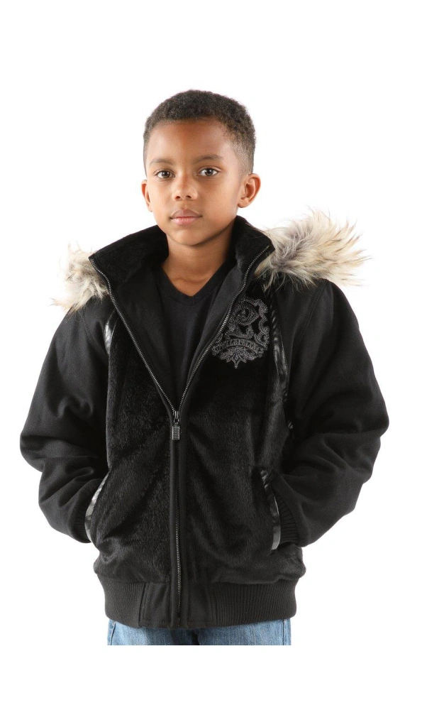 Pelle Pelle Kids Black Patched Wool Jacket | Fur Hood Jacket