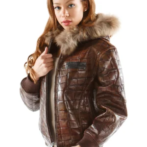 Pelle Pelle Dark Brown Croc Leather Jacket | Fur Hood Jacket