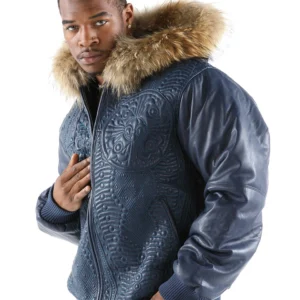 Pelle Pelle Men Dark Blue Encrusted Jacket | Fur Hood Jacket