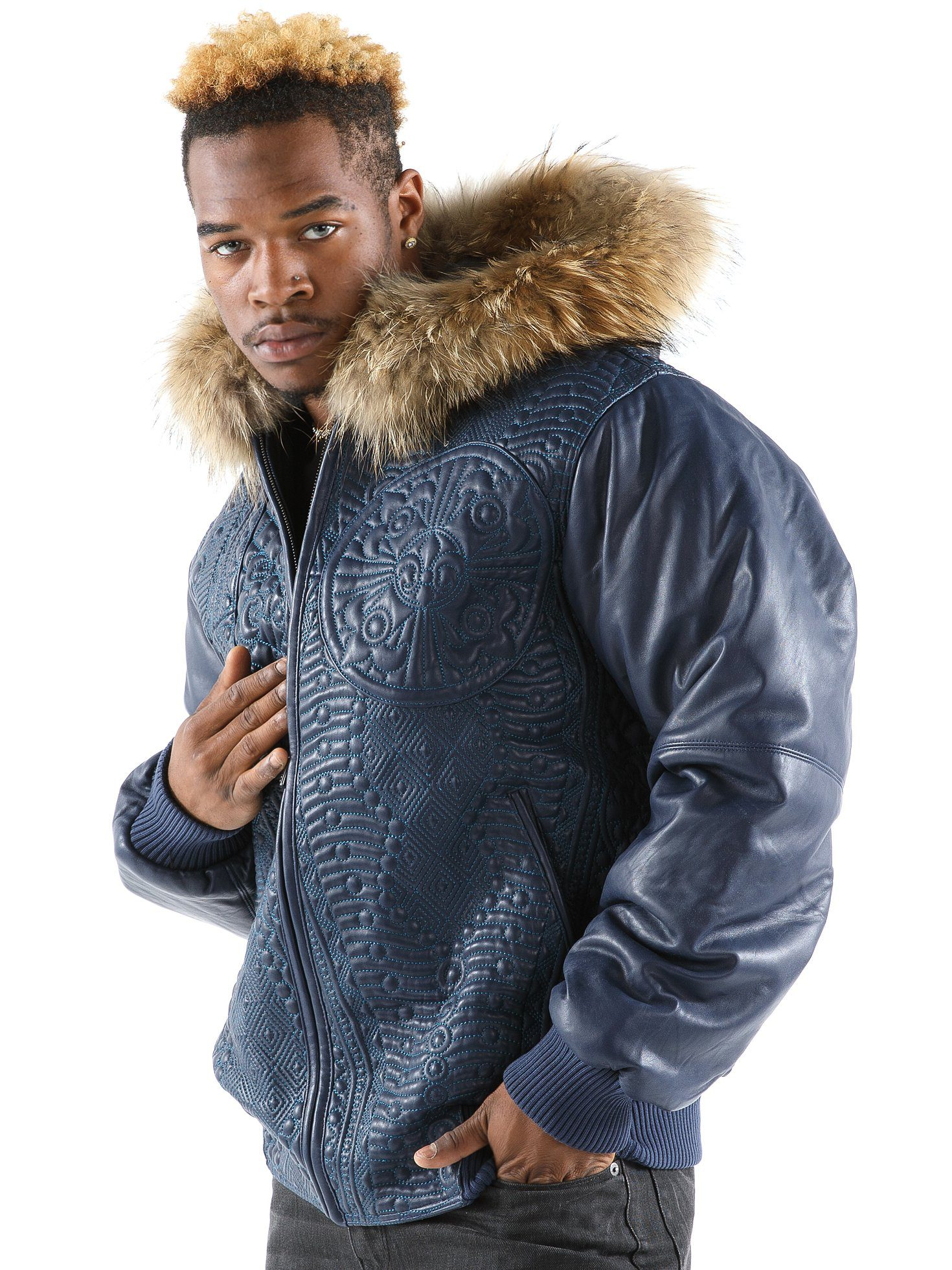 Pelle Pelle Men Dark Blue Encrusted Jacket | Fur Hood Jacket