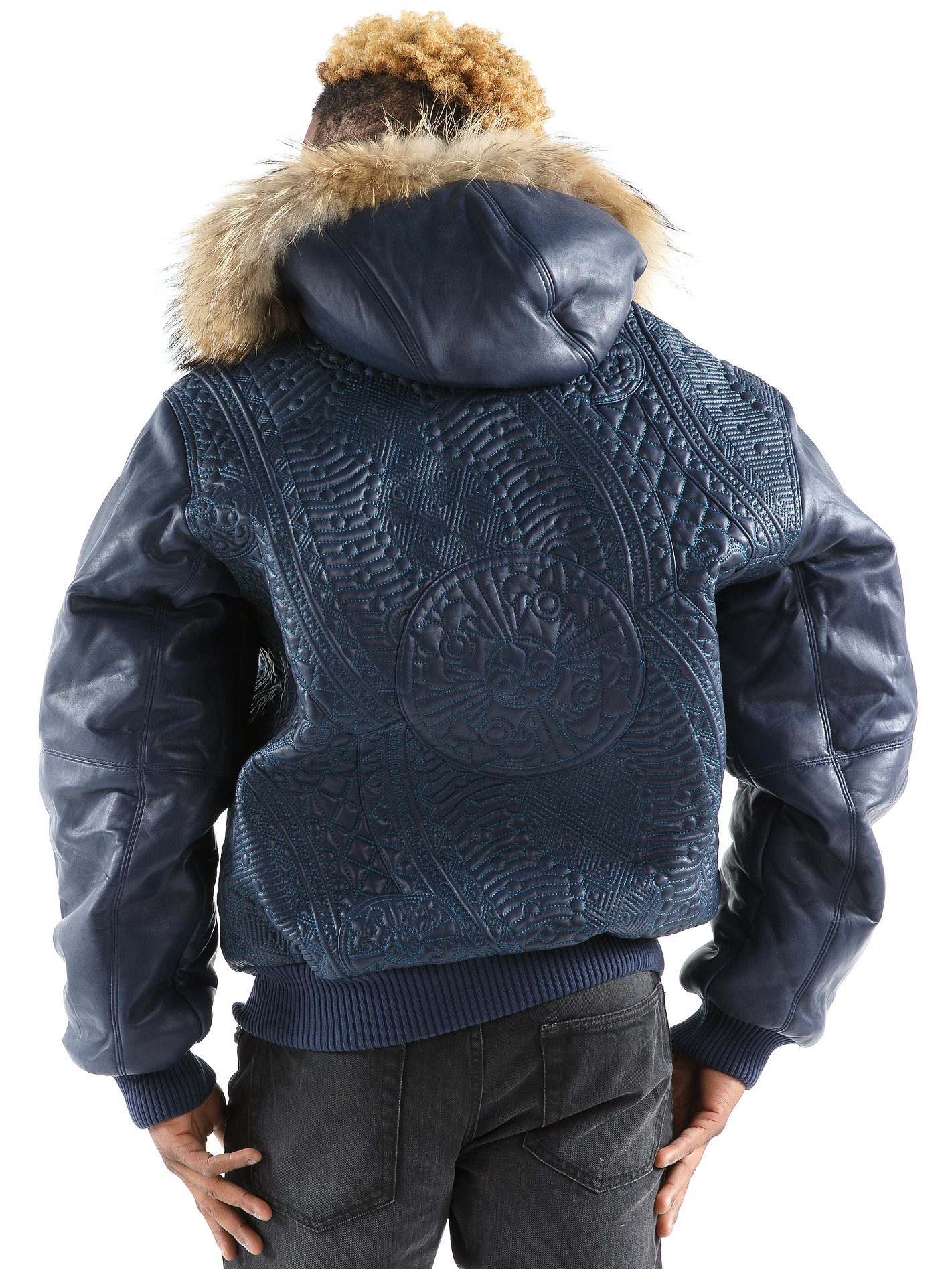Pelle Pelle Men Dark Blue Encrusted Jacket | Fur Hood Jacket view 2