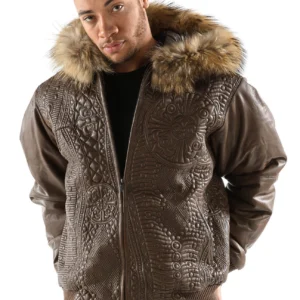 Pelle Pelle Men Brown Encrusted Jacket | Fur Hood Jacket