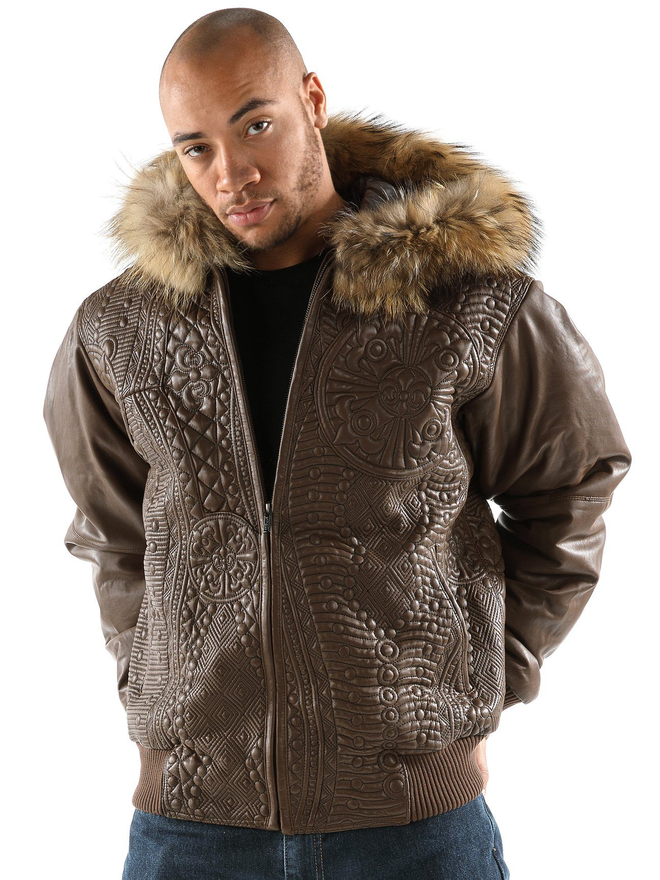 Pelle Pelle Men Brown Encrusted Jacket | Fur Hood Jacket