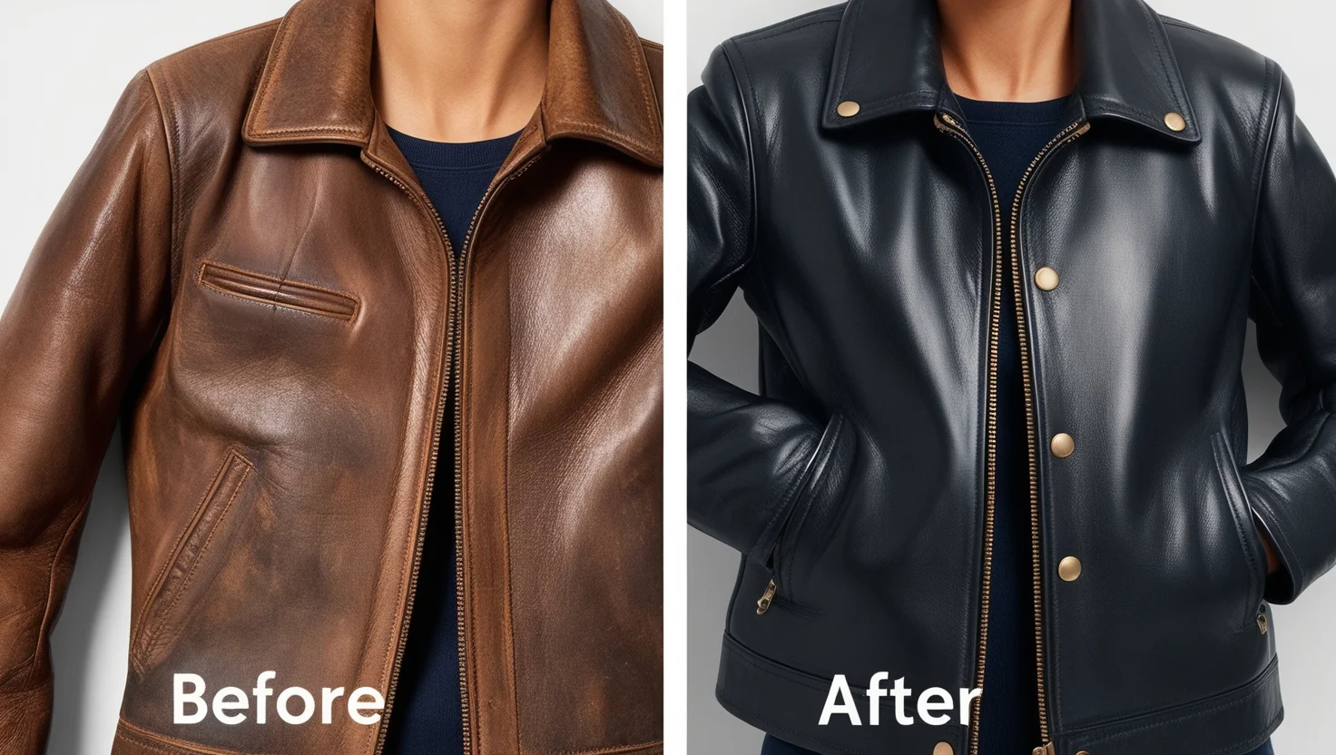 Before and after comparison of a Pelle Pelle leather jacket, showing the difference in appearance after conditioning.