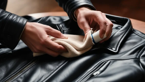 Hands applying leather conditioner to a Pelle Pelle jacket using a soft cloth, ensuring long-lasting care.