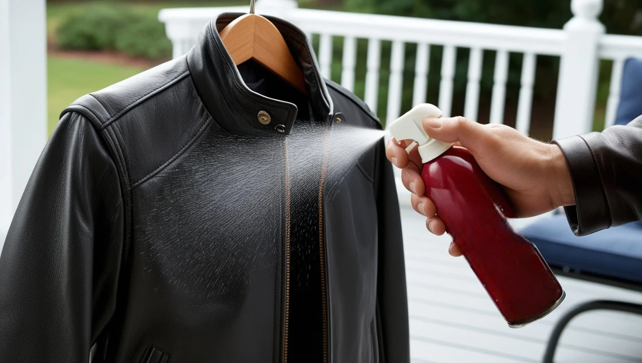 Spraying waterproofing spray on a Pelle Pelle leather jacket to protect it from water damage and moisture."