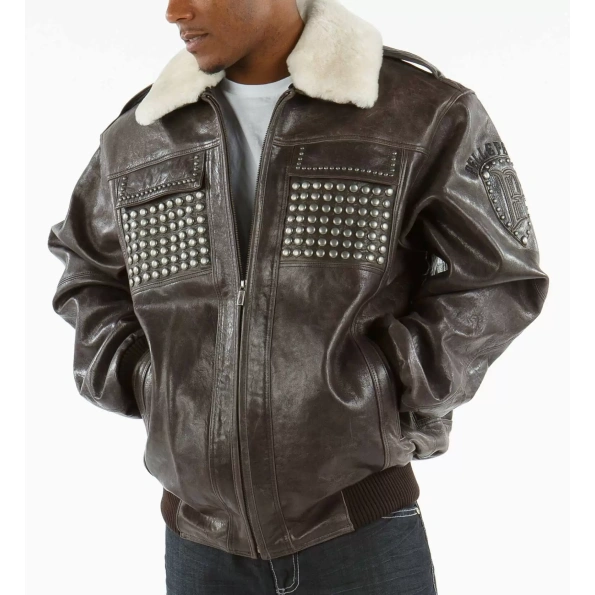 Pelle Pelle Men Fur Collar Dark Brown Jacket | Studs Jacket