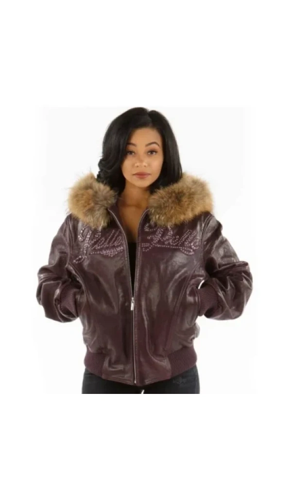 Pelle Pelle Burgundy Fur Hood Leather Jacket | Women Jacket