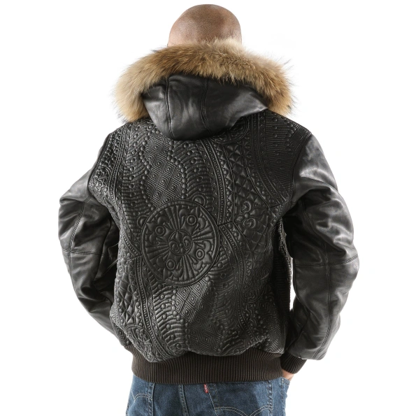 Pelle Pelle Men Black Encrusted Leather Jacket | Fur Hooded