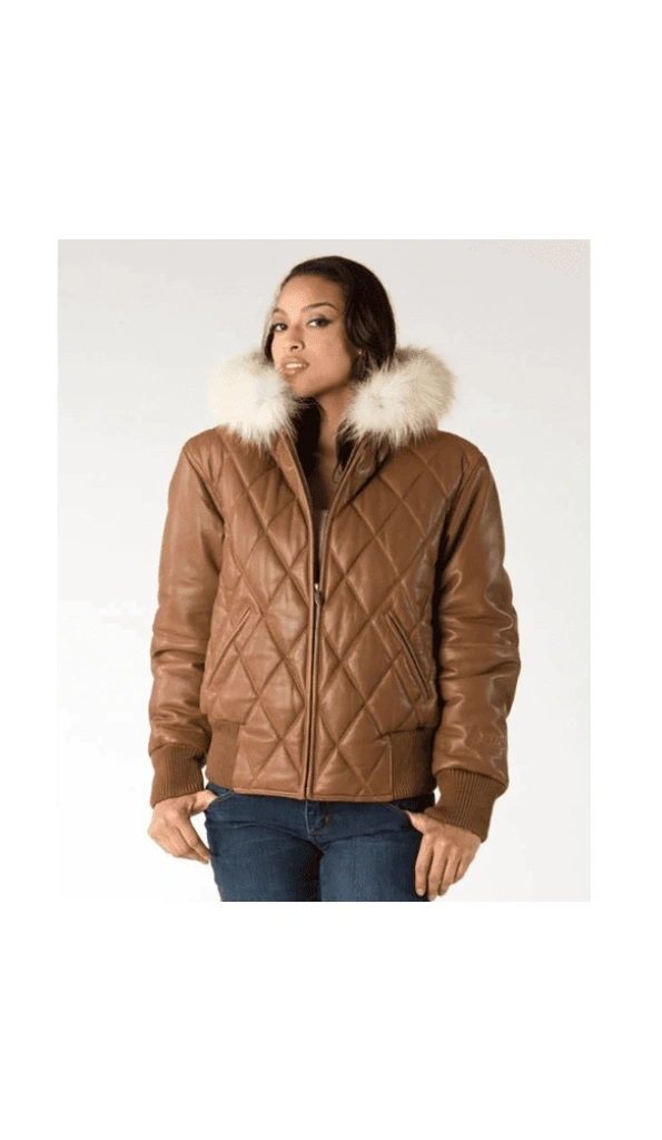 Pelle Pelle Women Brown Quilted Leather Jacket | Fur Hood
