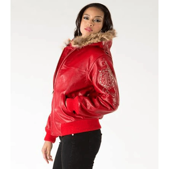 Pelle Pelle Red Women Fur Hood Leather Jacket