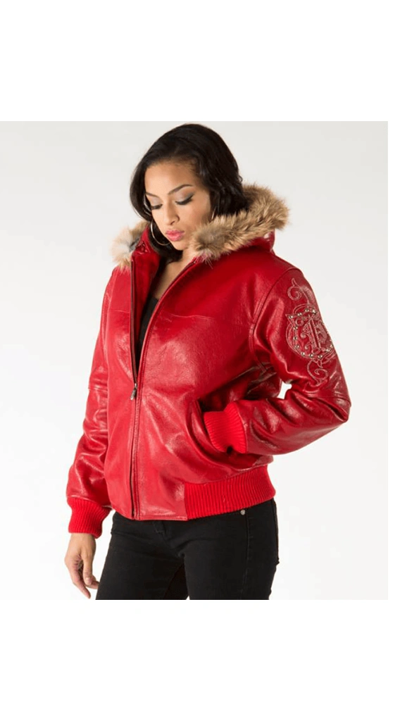 Pelle Pelle Red Women Fur Hood Leather Jacket
