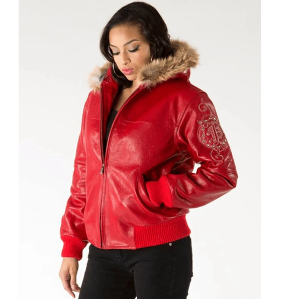 Pelle Pelle Red Women Fur Hood Leather Jacket