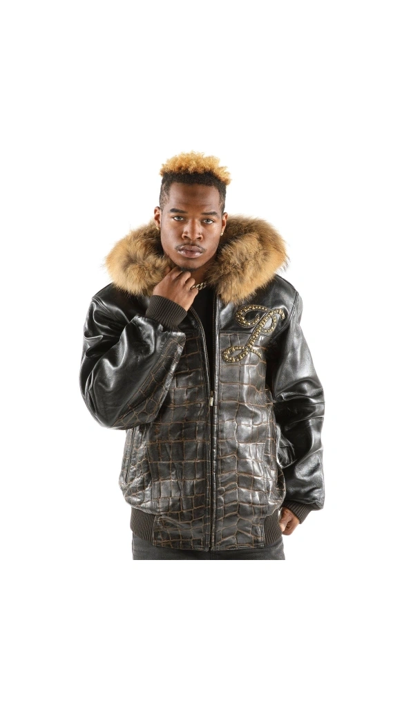 Pelle Pelle Men Fur Hood Croc Leather Jacket | Black Jacket