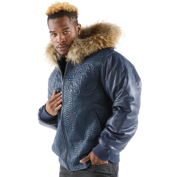 Pelle Pelle Encrusted Blue Fur Hood Jacket