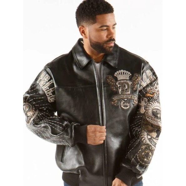 Pelle Pelle Dragon Print Studs Leather Jacket | Black Jacket
