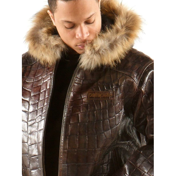 Pelle Pelle Dark Brown Croc Leather Jacket | Fur Hood Jacket